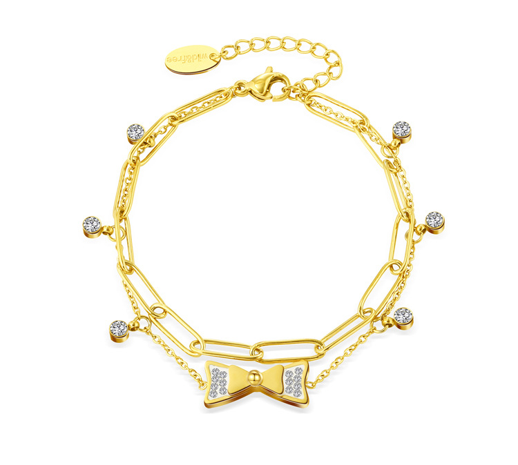 Fashion Zircon Inlaid Bow Pendant 14k Gold Plated Titanium Steel Bracelet display picture 2