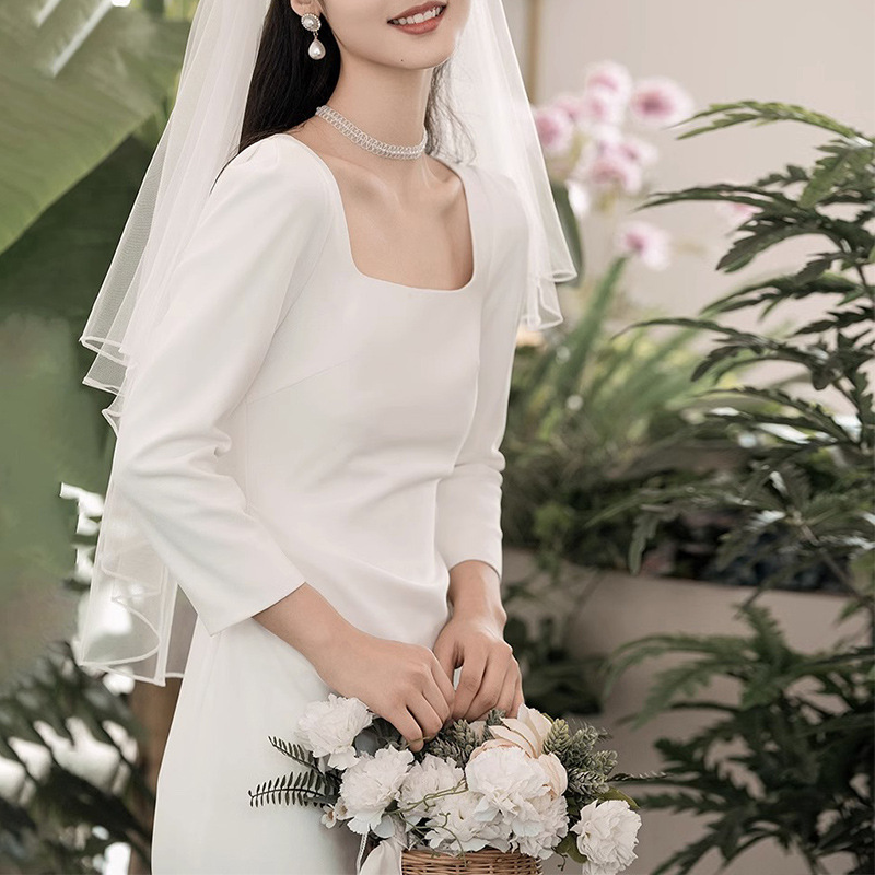 Bridal high-end long-sleeved French square collar slim-fit stretch long engagement white dress dress