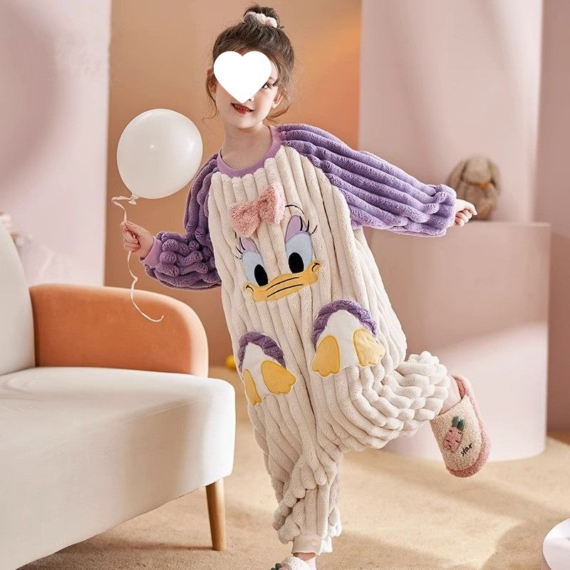 秋冬儿童法兰绒分腿睡袋加绒加厚女童珊瑚绒睡衣连体衣保暖家居服