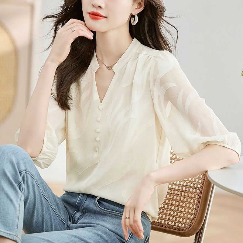 Thin Black Short-Sleeved Chiffon Shirt for Women 2026 Summer New Style Fashionable Lace Shirt Loose Belly-Covering Top
