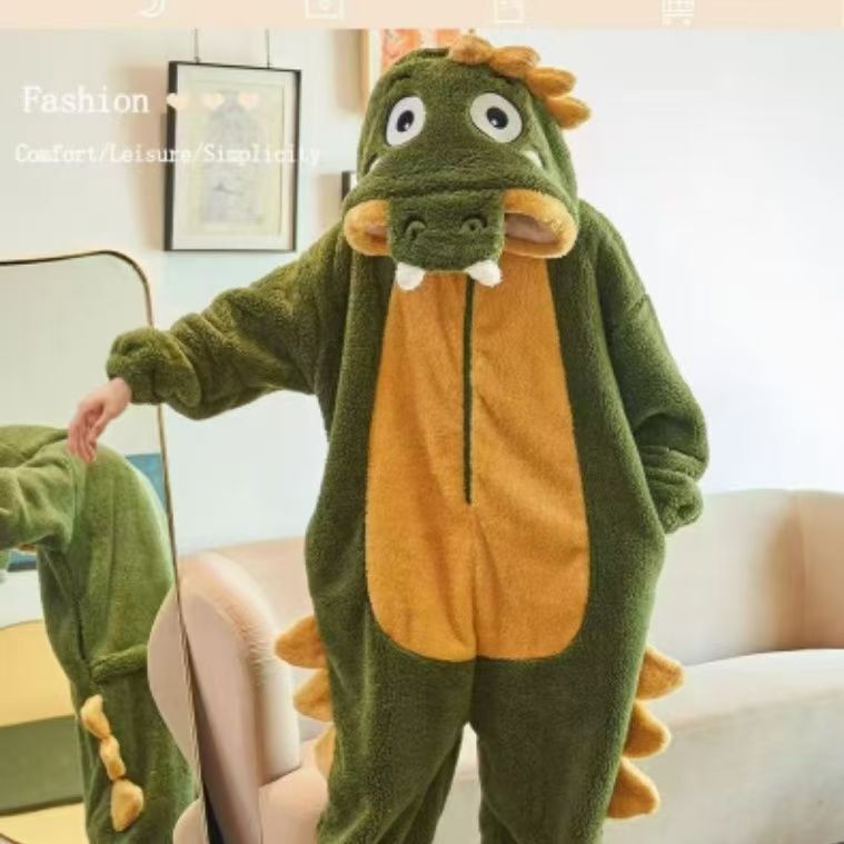 Autumn and winter foreign trade cute student flannel crocodile conjoined pajamas men and women animal cartoon couple thickened home clothes