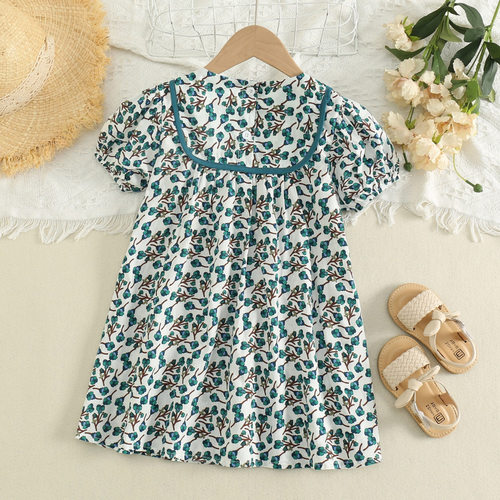 6107 Summer New Girls Dress Floral Green Fresh Skirt Children Internet Celebrity Baby Fashionable Dress