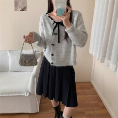 法式系带蝴蝶结圆领针织不规则开衫女秋冬慵懒高级感小个子短外套