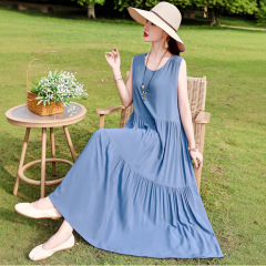 フレンチハイエンドドレス女性のための夏の2025新しいルーズ大きいサイズ超ロングコットンシルク花柄ベストスカート