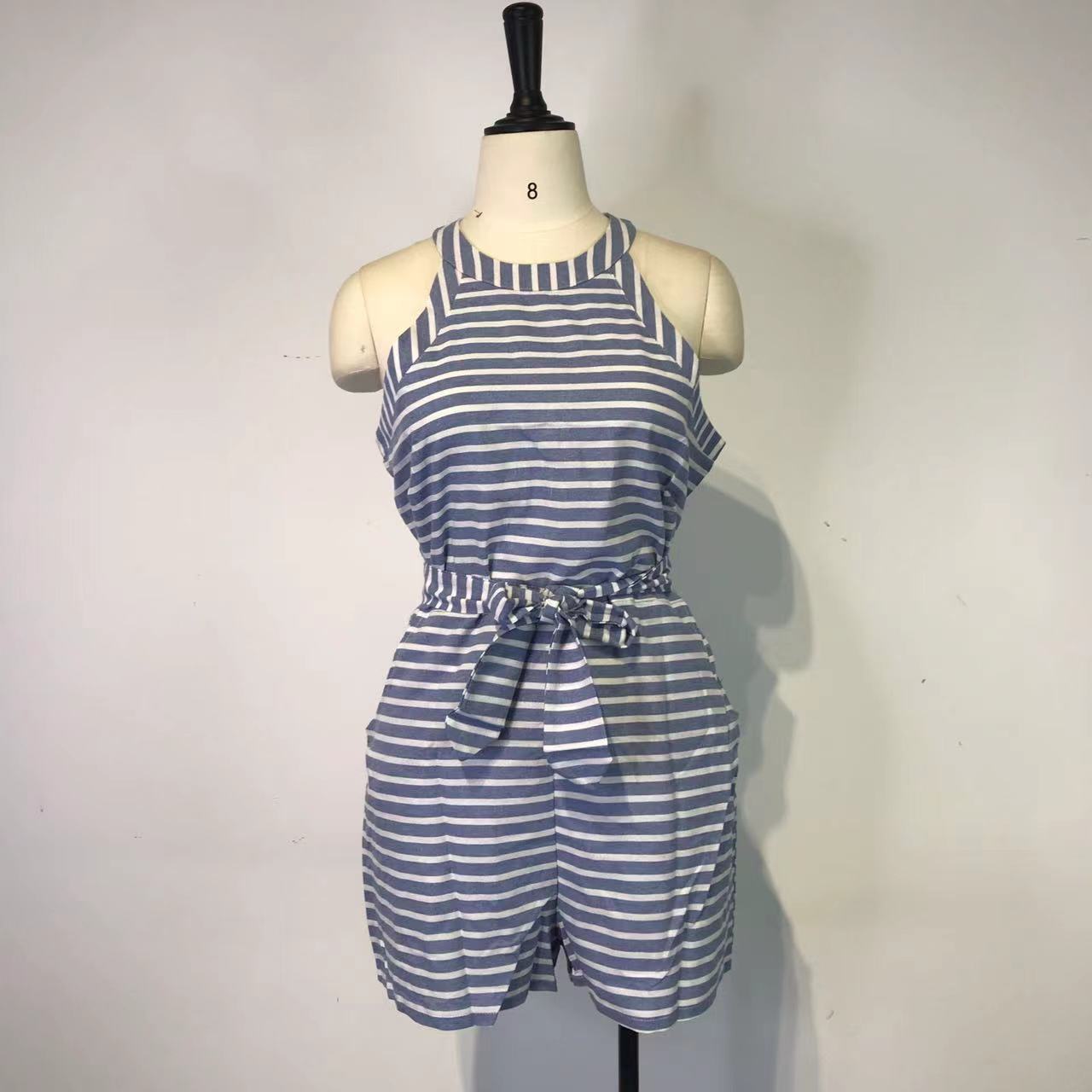 Jumpsuit Striped Strapless round Neck Zipper Casual Pants Summer