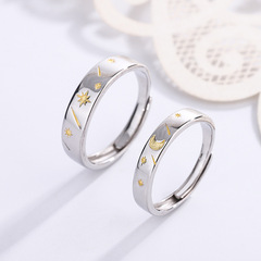 S925 sterling silver sun, moon and stars couple ring simple creative ring opening adjustable male and female pair of students