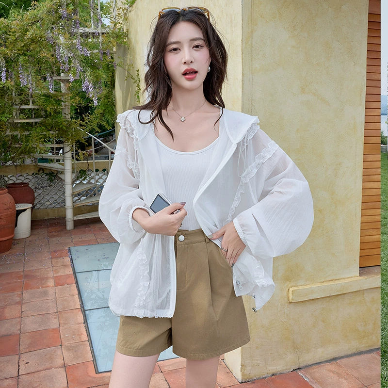 Европейский вокзал 2025 Новый европейский модный модный повседневный деревянный гриф с капюшоном солнцезащитный крем тонкий топ