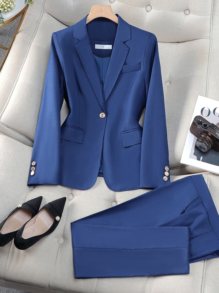 Cross-Border Haze Blue Suit Set for Women, New Autumn Professional Attire, Elegant Goddess Style, High-End Suit Jacket, Workwear