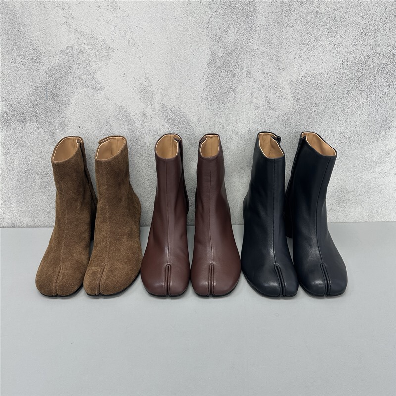 Top Version Niche 6cm High Heel Tabi Split-Toe Boots for Women Pig Trotters Goatskin Thick Heel Genuine Leather Mid-Calf Autumn and Winter Fashion Short Boots