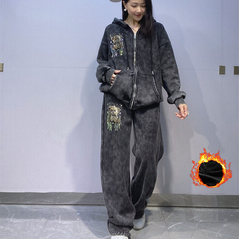 Front and Rear Rhinestone Hooded Zipper Cardigan Suit for Women Winter Sports and Leisure Fleece-Lined Thickeneded Tie-Dye Sweatshirt Two-Piece Set