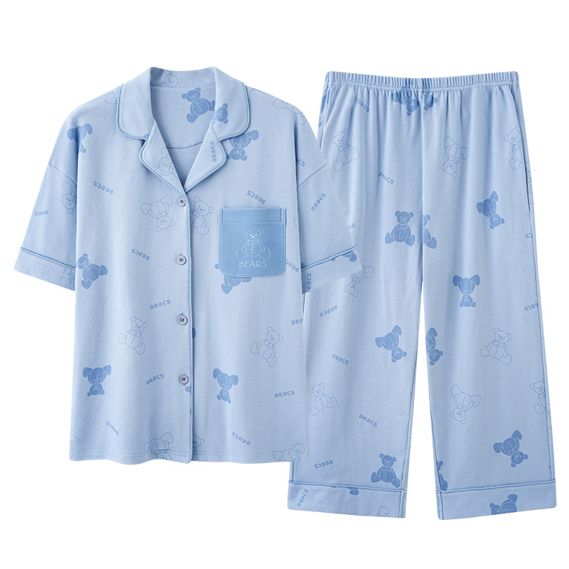 Pijama de algodón delgado para mujeres de verano de manga corta set de pantalones de siete puntos de lazos de mediana edad y la ropa del hogar de verano más grande