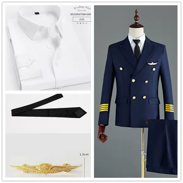 Jacket, trousers, shirt, tie, brooch