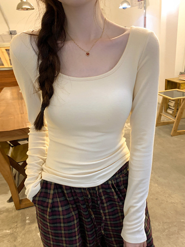 带胸垫修身打底衫女春秋内搭新款方领长袖高级感低领白色t恤上衣|undefined
