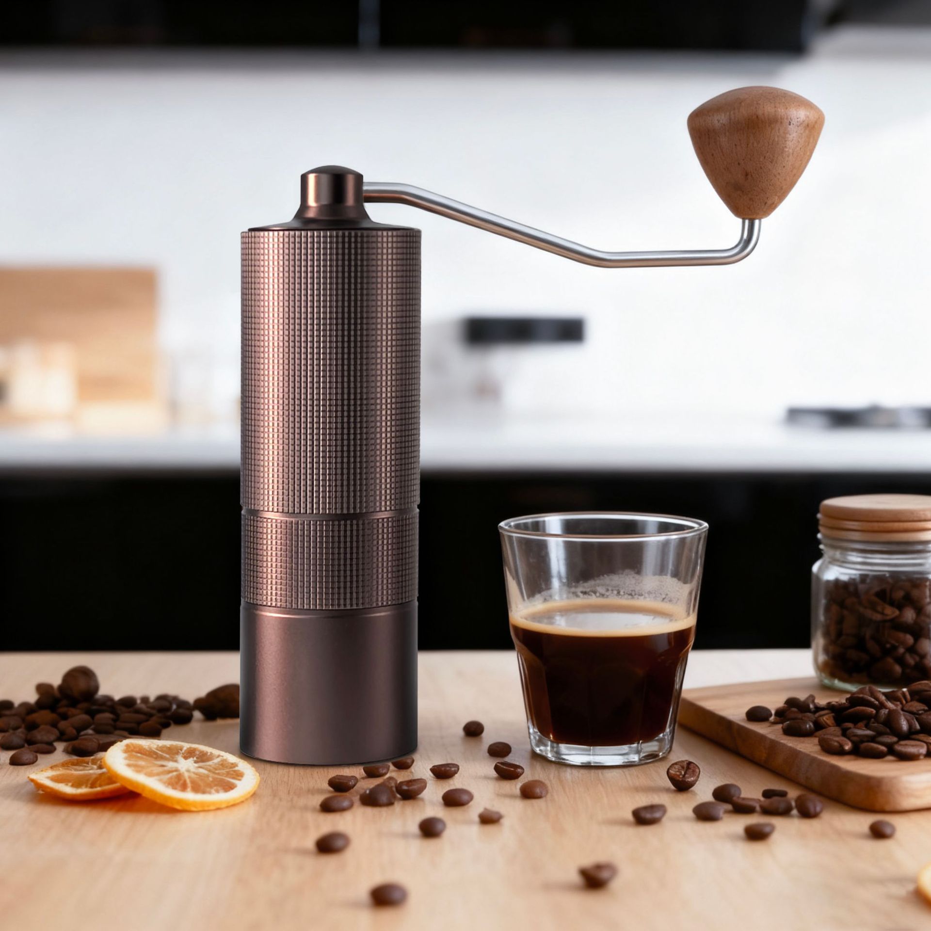 Hand-Cranked Coffee Grinder, Italian-Style Manual Grinder, Hand-Brewed, Home-Use Hand Grinder, Small Checkered Pattern, 304 Stainless Steel, Seven-Star