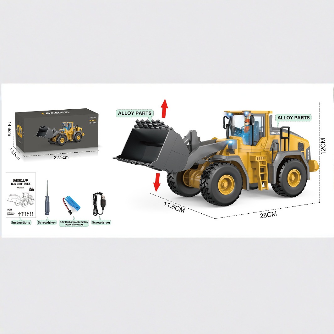 Ventas transfronterizas de ingeniería de carga caliente 2.4G aleación motocicleta bulldozer coche de control remoto Amazon juguetes de sonido y luz para niños