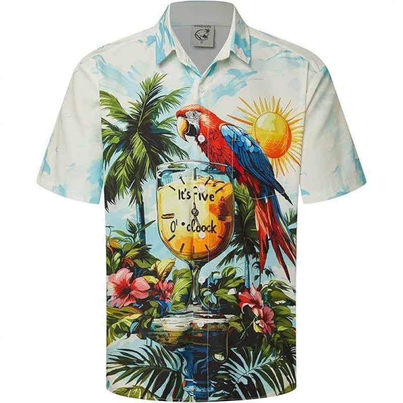 3D Digital Printing In-Stock 2026 European and American Cross-Border Hot-Selling Men's Loose Fit Turn-Down Collar Button Pocket Short-Sleeve Shirt