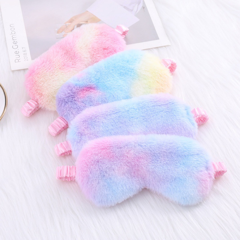 Colorful Bunny Fur Cute Plush Eye Mask, Eye Protection, Blackout Sleep, Rainbow Print Cartoon, Comfortable in Stock