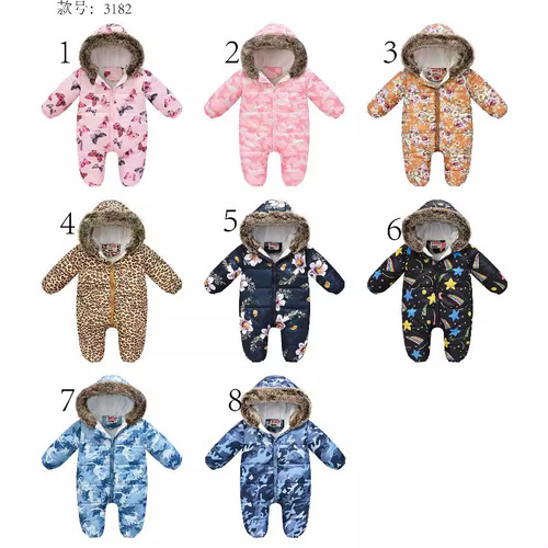 New baby climbing clothes, multi-color printed cotton clothes, fur collar, cute baby one-piece casual climbing clothes for going out