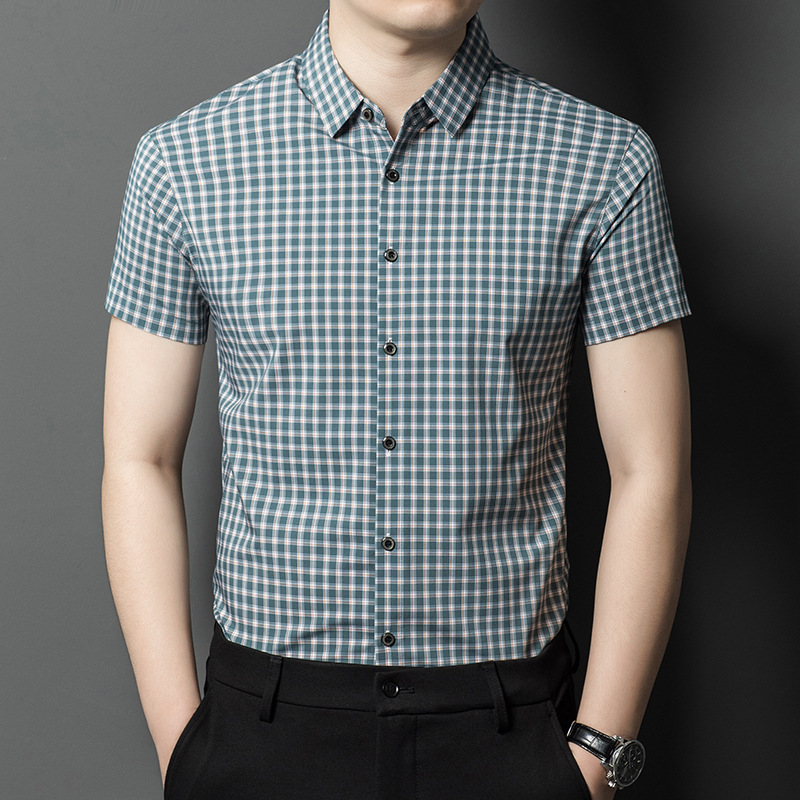 Spring New Men's Short-Sleeved Plaid Shirt, Middle-Aged Summer Style, Cool, Comfortable, Skin-Friendly and High-End Casual Jacket