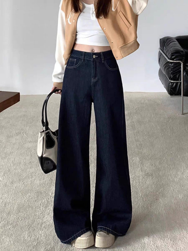 Vintage Dark Blue Wide-Leg Jeans for Women, Spring and Autumn New High-Waisted Loose Slimming Fashion Straight Versatile Long Pants