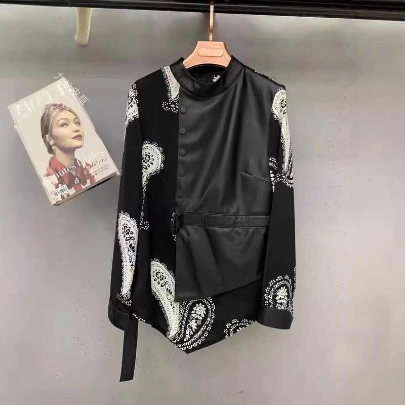 Genuine Leather Shirt for Women 2025 Autum New Style Asymmetrical Chiffon Splicing Goatskin Round Neck Long-Sleeved Bottoming Shirt Top