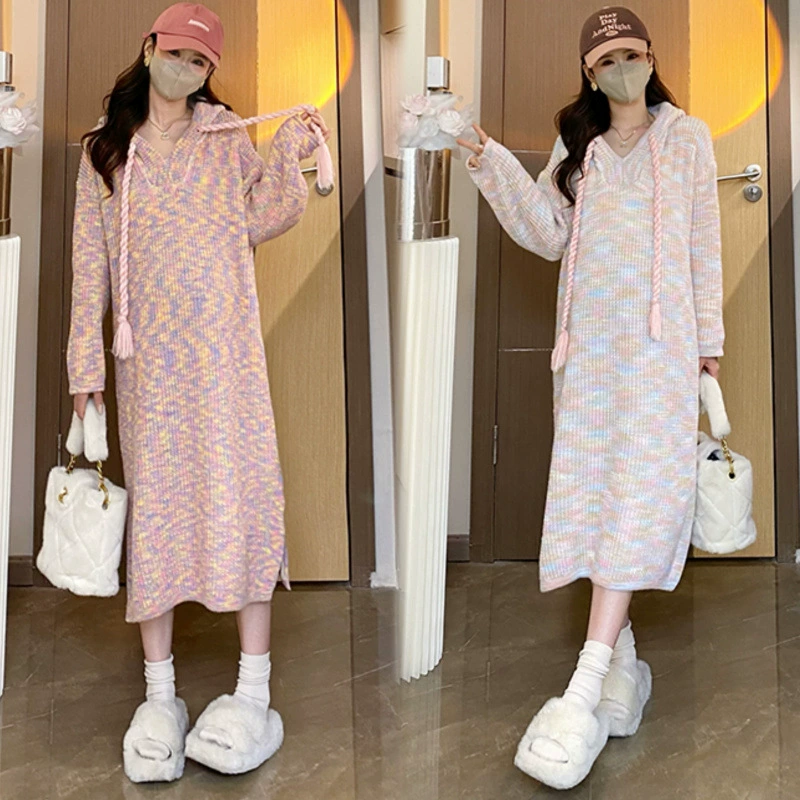 2024 беременная мама окрашена осенью и зимой повседневная капюшона свободная ленивая цветная трикотажная длинная юбка