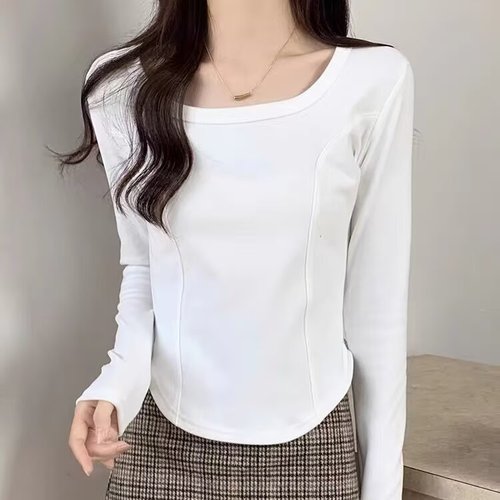 Women's Solid-Color Square-Neck Fleece Base Layer Top with Irregular Hem, Slim-Fit & Sweet-Chic Design—Trendy Long-Sleeve Autumn/Winter Innerwear