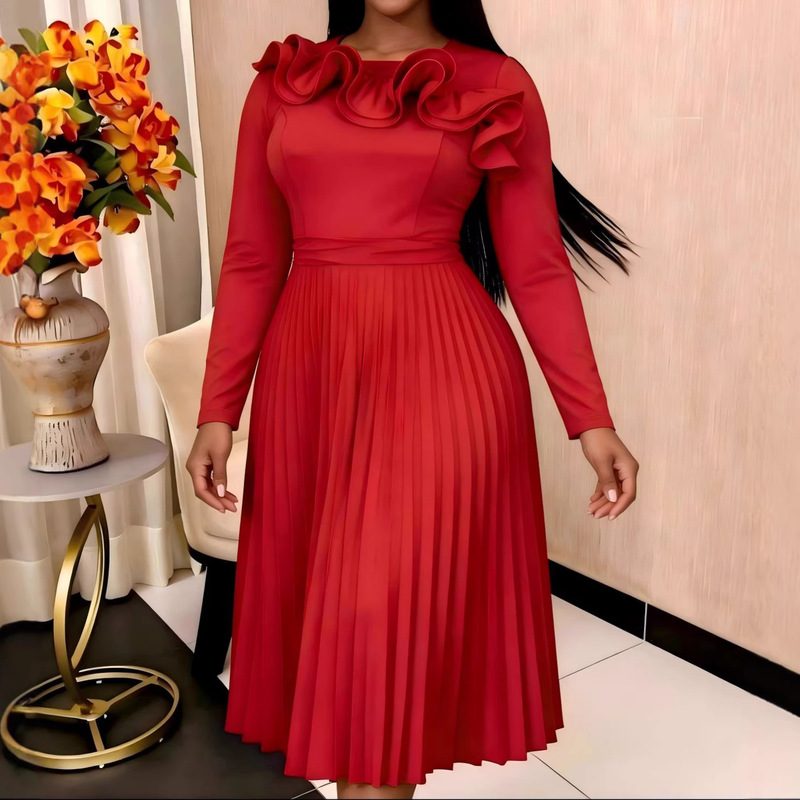New Plus-Size Solid Color Mid-Length Pleated Skirt, Ruffled Collar Long-Sleeve Round-Neck Elegant Dress Dresses New Plus-Size Solid Color Mid-Length Pleated Skirt, Ruffled Collar Long-Sleeve Round-Neck Elegant Dress Dresses