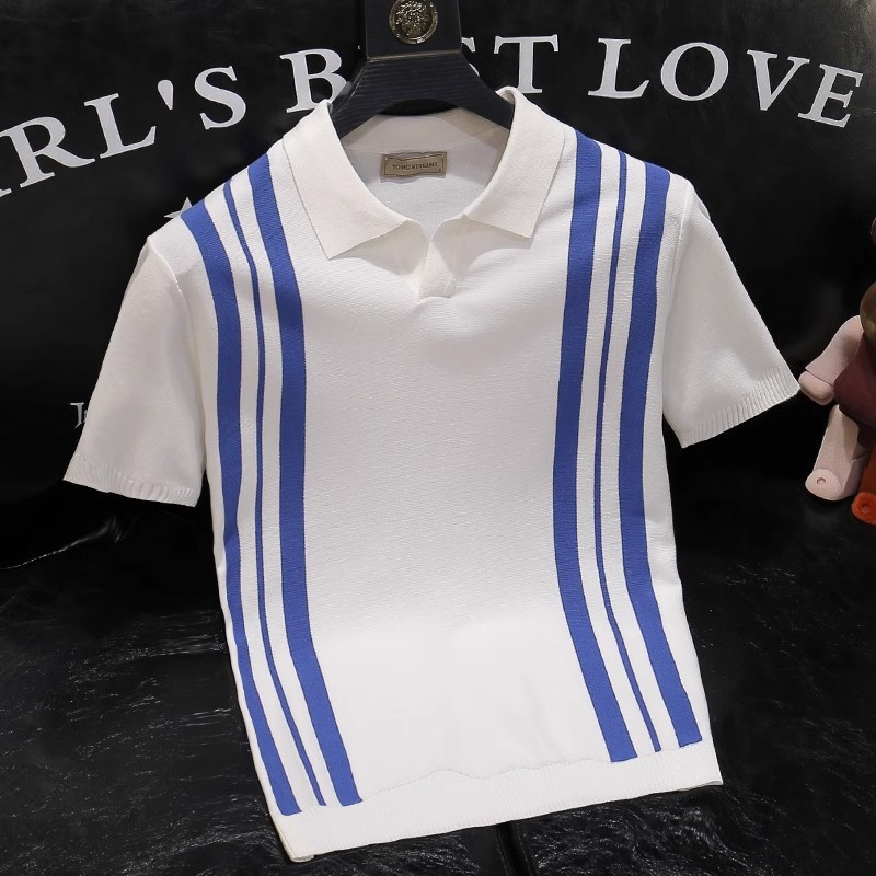 Polo camiseta de punto camiseta de manga corta hombre V-collar gaviota collar rayas verticales viejas camisetas de hielo de viento de verano fábrica transfronteriza al por mayor