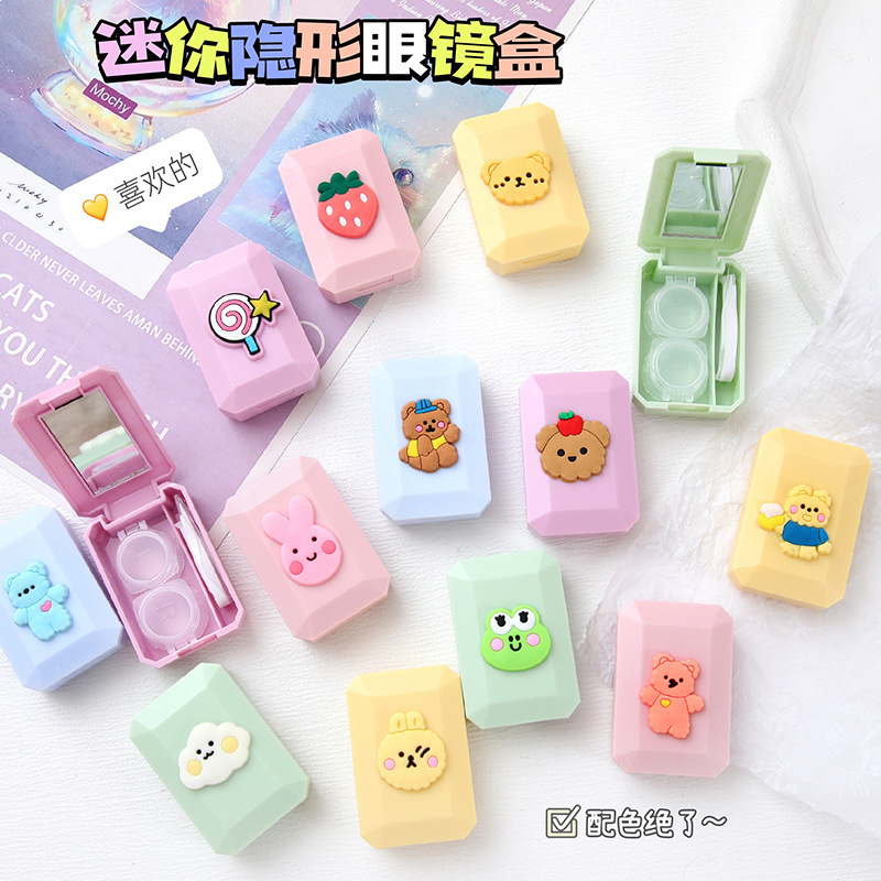 Contact Lens Box, Cute Cartoon Companion Box, Plastic Portable Candy Color High-Value Contact Lens Box with Mirror Wholesale