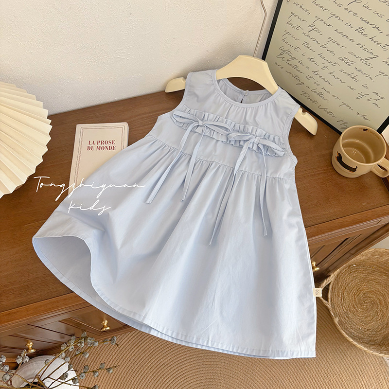 Girls' Summer New Pure Cotton Fashion dress Children's Western Style Sweet Two-color Pleated Bow dress Trendy Girls' Summer New Pure Cotton Fashion dress Children's Western Style Sweet Two-color Pleated Bow dress Trendy