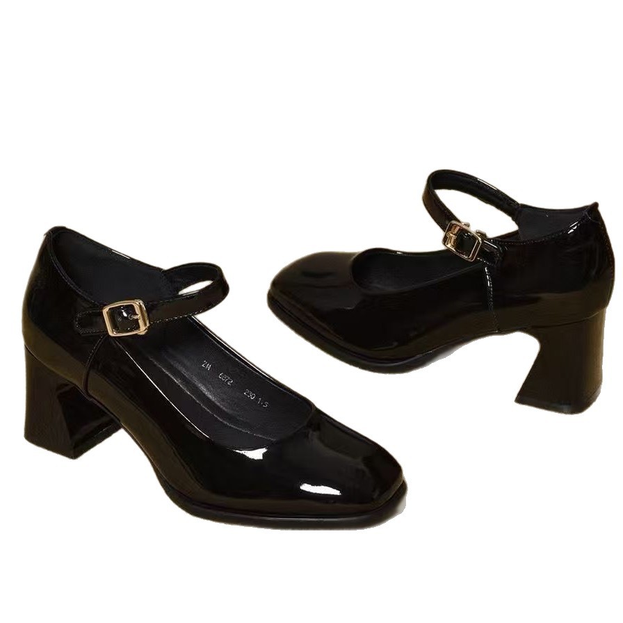 2026 verano de tacones gruesos y poco profundos cabeza cuadrada hebilla de suela suave no se cansa pie de viaje zapatos de moda de mujer de tacones altos