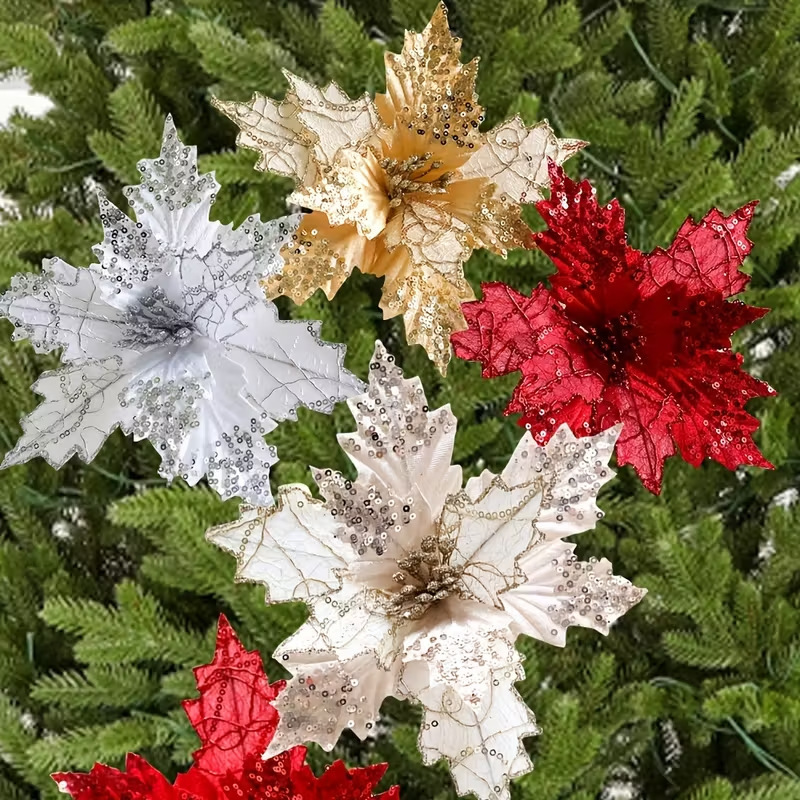 跨境亮片花仿真花圣诞花网纱布艺插花装饰摆件绒布圣诞节装饰品厂|undefined