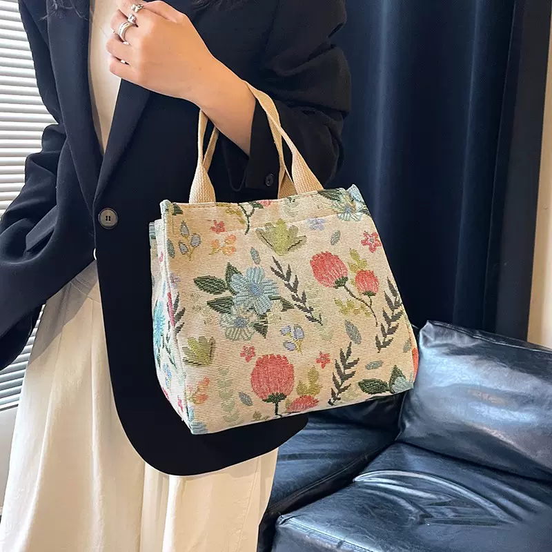 韩版手拎包女洋气流行花朵刺绣ins帆布包夏季小清新百搭休闲挎包