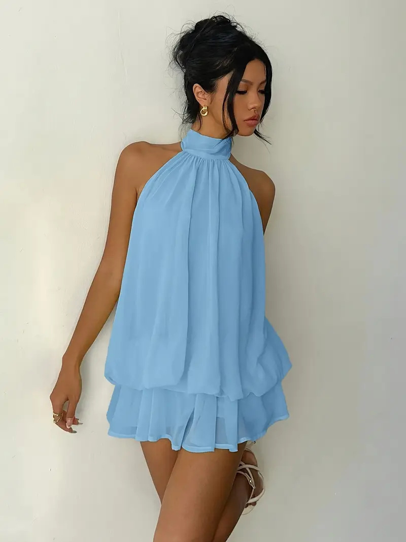 Sexy Mesh Halter Neck Tea Break Dress For Women Summer Beach Vacation Stylish Hot Girl Party Dress_ecoleips.com