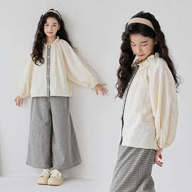 女童娃娃衫长裤套装2025春秋新款学院风小学初中生棉麻休闲俩件套