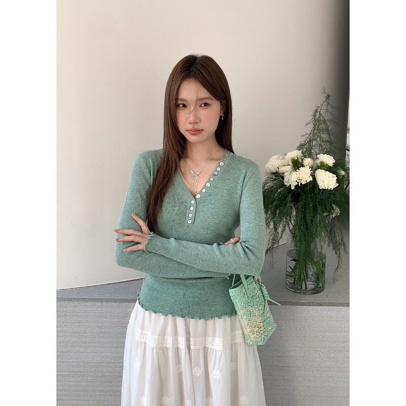 Jiuer Wool Design Shell Button V-Neck Lace Slimming Korean Style Regular Shoulder Knit Sweater for Women Ye009