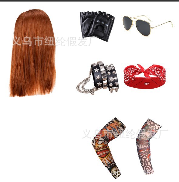 Los hippies europeos y americanos Rock peluca vestir punk pulsera conjunto en 1950 y 1960 marrón pelo recto accesorios de rendimiento