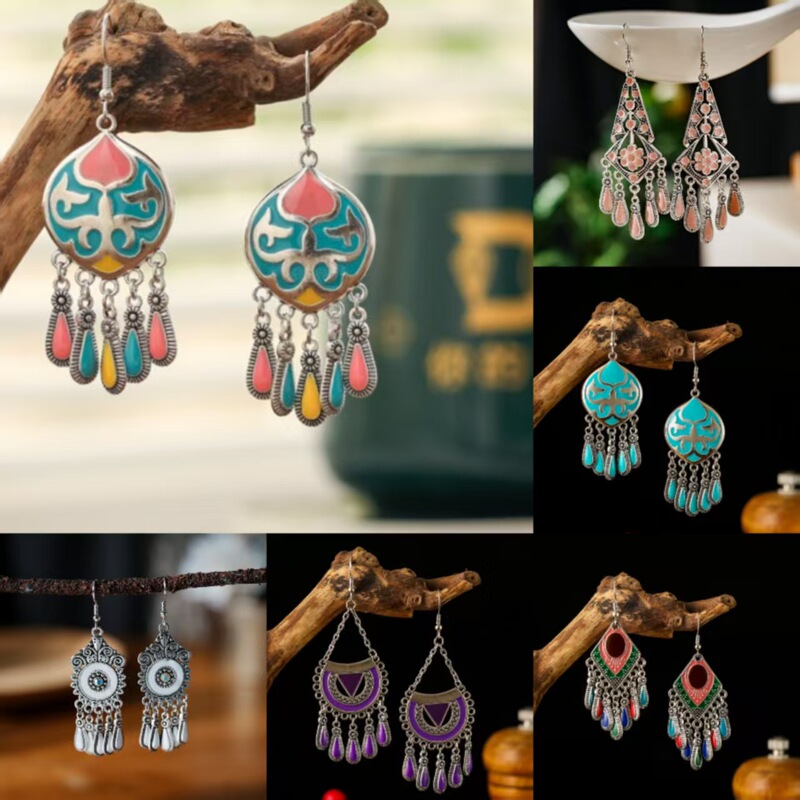 2026 New Style Small Short Glossy Oil Dripping Multi-Layer Earrings Flame Totem Exotic Style Earrings Retro Leaf Earrings