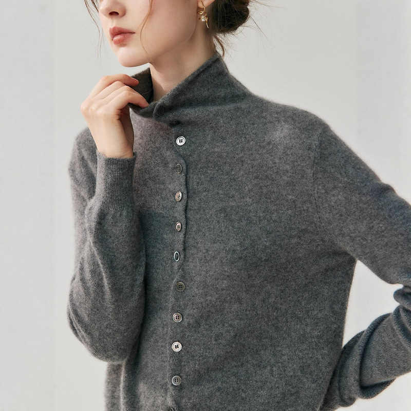 Fluffy Cloud-Like Cashmere Wool Rolled Edge Cardigan, Lazy Two-Wear Knitted Sweater, Turtleneck Sweater