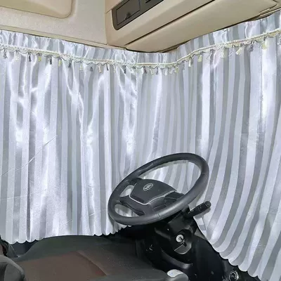 New M3000 Sleeper Cab Rear, Car curtains - silver-gray-vertical-stripes-with-tassels-whole-car-curtains-three-large-pieces