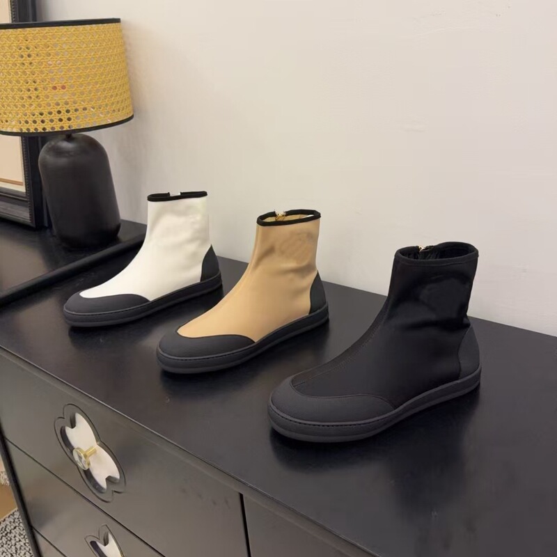 2026 New Style Chanel-Inspired Side-Zipper Patchwork High-Top Short Boots, Simple Casual Round-Toe Flat Elastic Boots for Women 2026 New Style Chanel-Inspired Side-Zipper Patchwork High-Top Short Boots, Simple Casual Round-Toe Flat Elastic Boots for Women