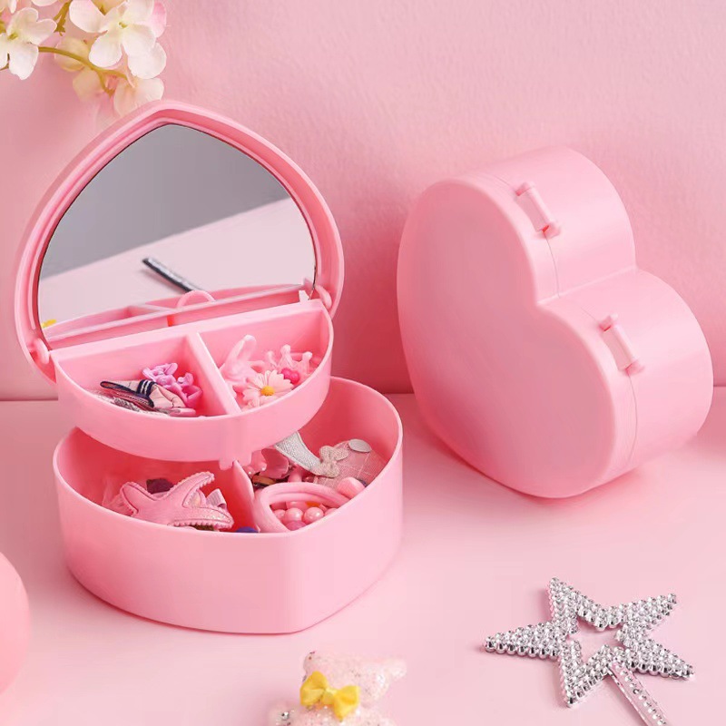 Rosa chica corazón caja de almacenamiento joyería de escritorio caja de joyería estudiante dormitorio amor caja de almacenamiento de doble capa caja de almacenamiento