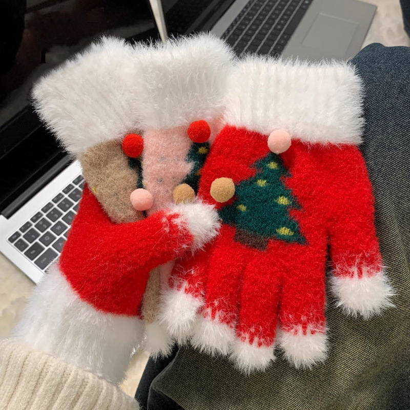 雪のクリスマスツリーの手袋の女性の冬の指はタッチパネルとベルベットを厚くすることができます。|undefined