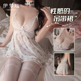 伊梦瑶甜美碎花印花网纱蕾丝拼接深V诱惑性感露背睡裙家居服F225