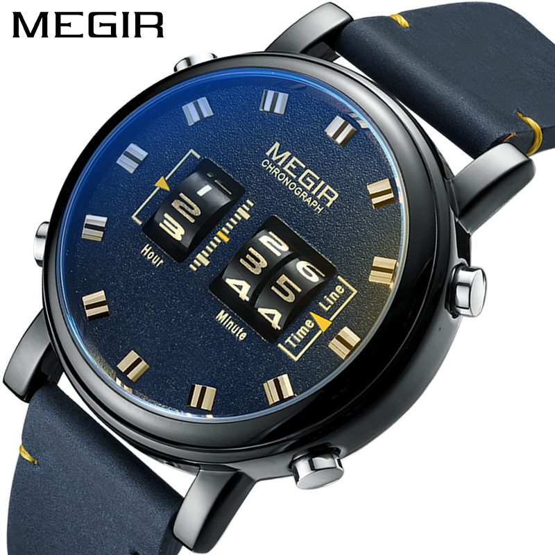 genuine goods Megir Wheel Watch Men's Fashion Features Sports Business Genuine Leather Quartz Watch 2137