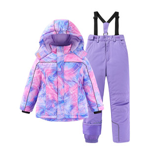 Cross-Border New High-Quality Children's Ski Clothing Set for Small and Medium-Sized Children Outdoor Purple Colorful Windproof and Waterproof Ski Clothing