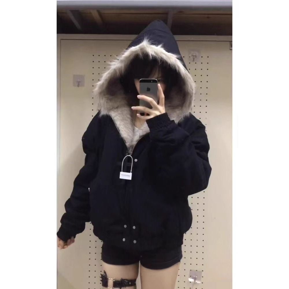 【可定制】冬季甜辣妹感毛毛领棉服外套潮牌夹棉款拉链情侣装外套