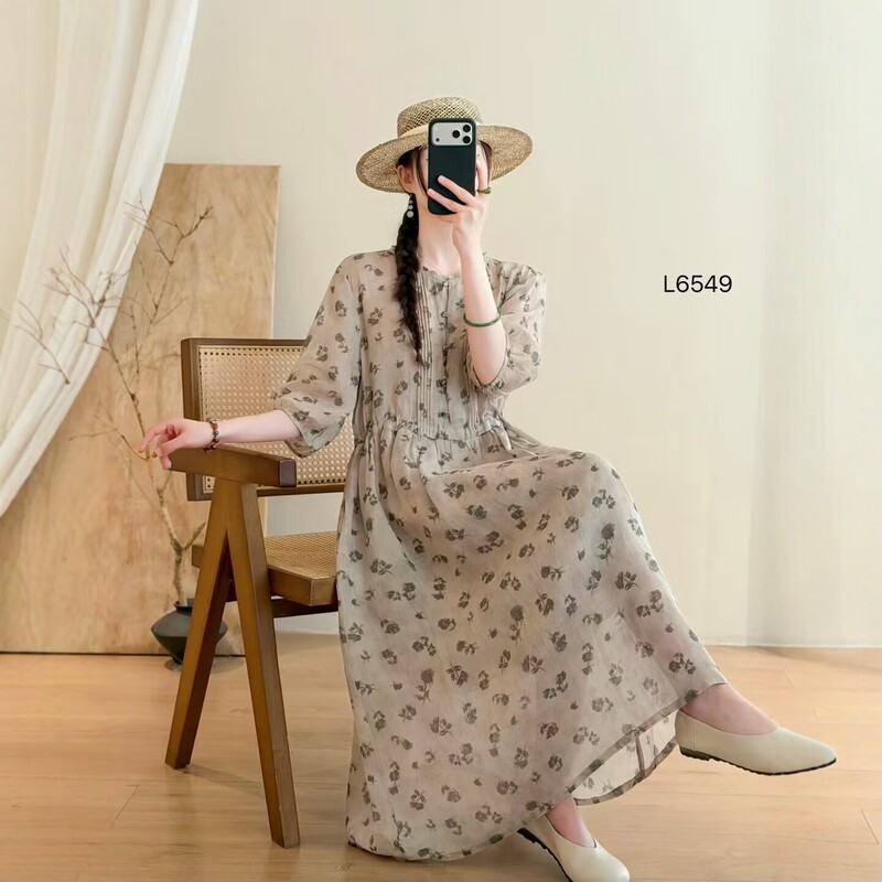 Lined and Fully Hemmed 2026 Summer New Style Ramie Floral Dress for Women, Waist-Cinching Mid-Length French-Style Elegant Long Dress Lined and Fully Hemmed 2026 Summer New Style Ramie Floral Dress for Women, Waist-Cinching Mid-Length French-Style Elegant Long Dress