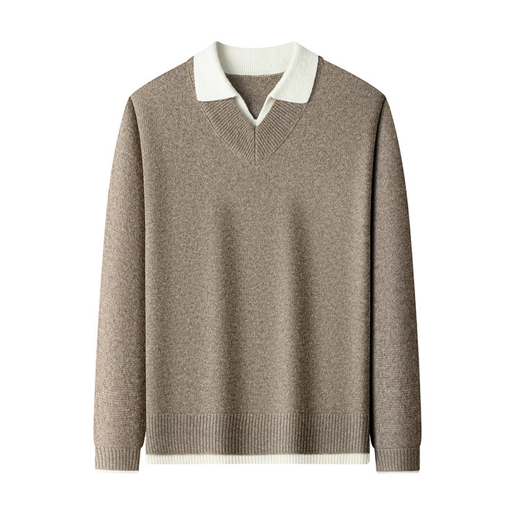 T-shirt convencional juvenil de moda V-collar falso dos piezas de camisa de punto de punto suéter de invierno masculino camisa de punto de color sólido